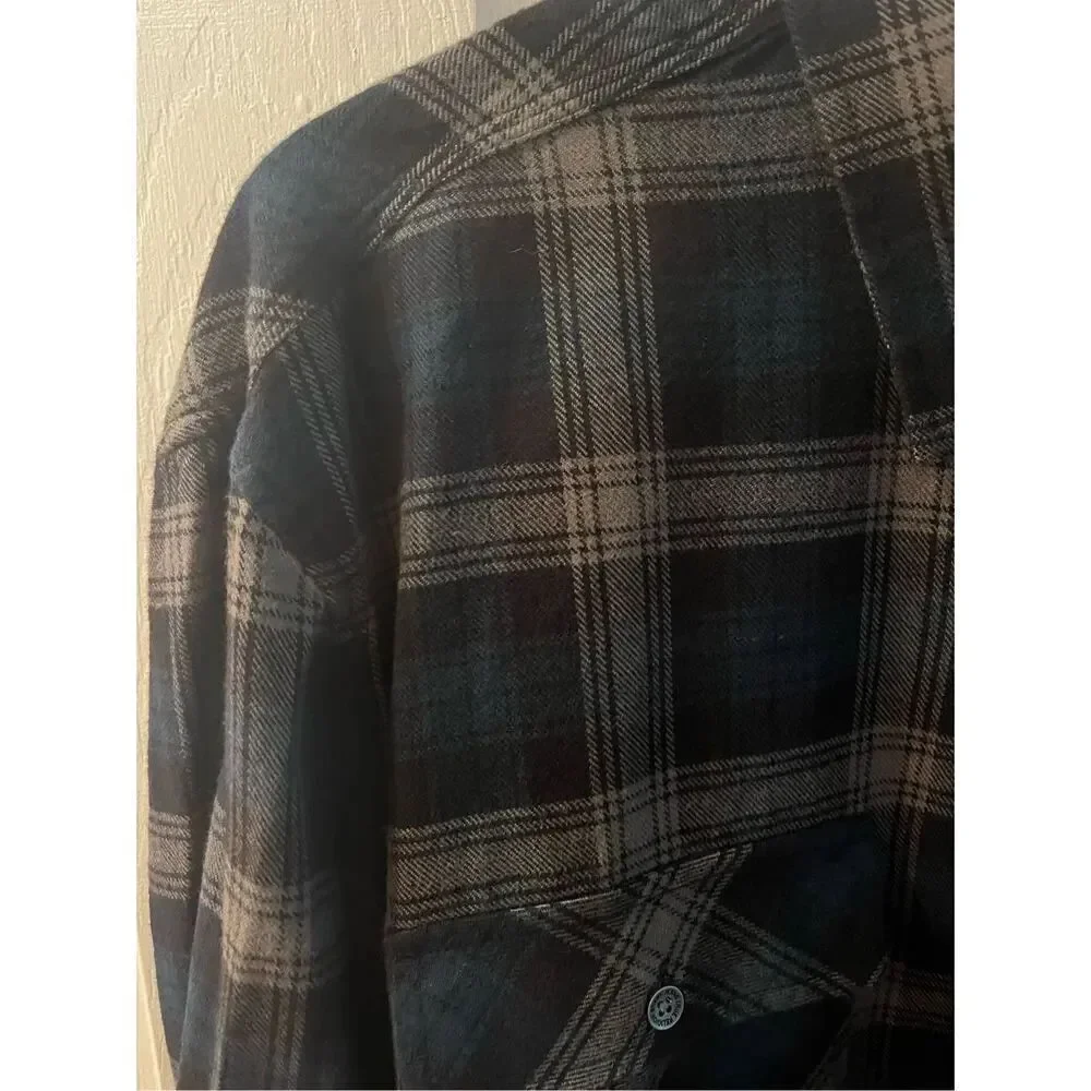 True Religion Triple Needle Plaid Blue Black Gray Flannel Button Down Shirt sz X